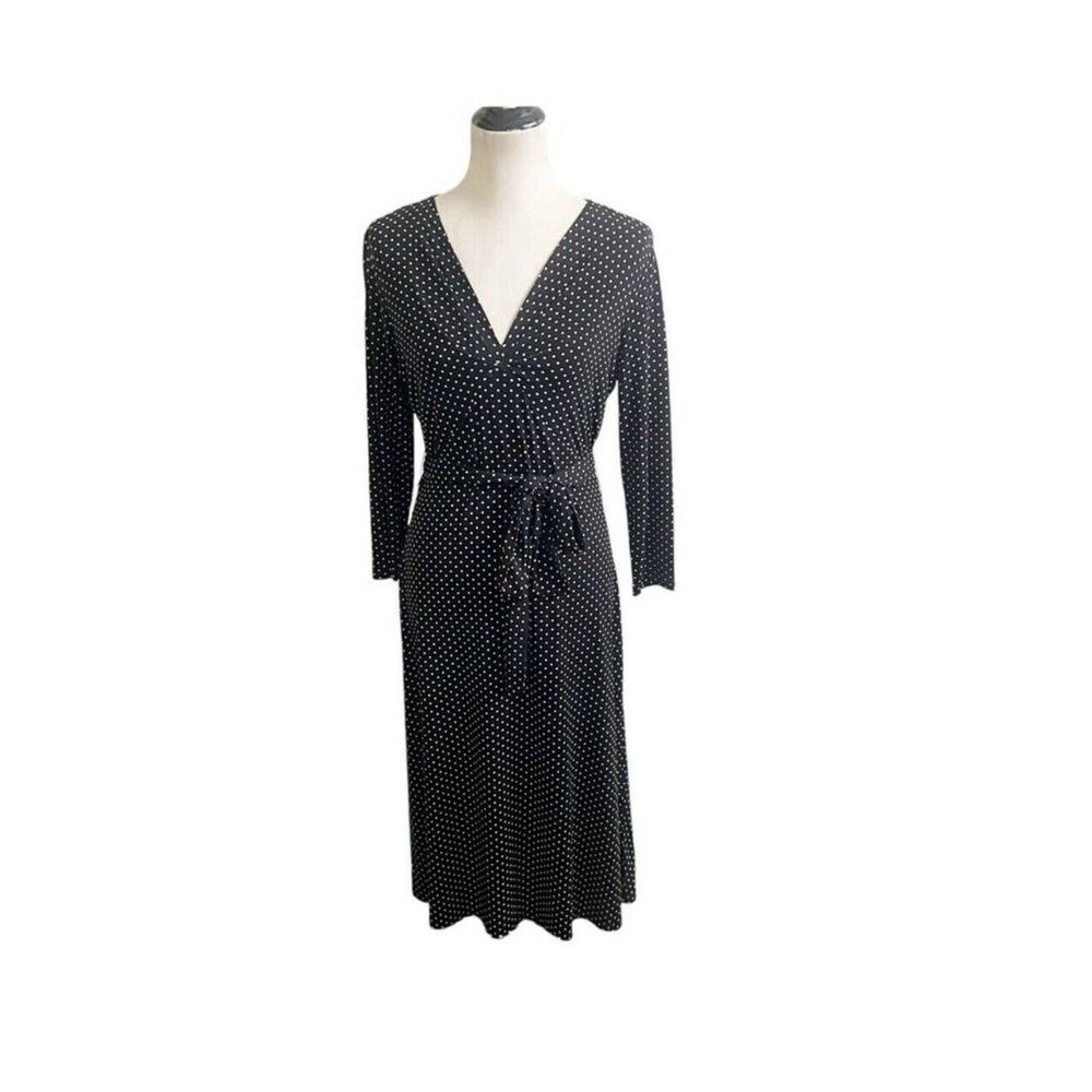 Talbots Black White Polka Dot Jersey Wrap Midi Dress Belted Size 4 Office Career - Picture 1 of 9
